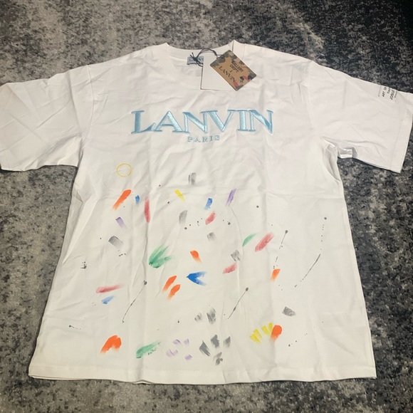 LANVIN White Paint Splatter Blue Logo Paris T-Shirt Men’s Size Large - Picture 1 of 2